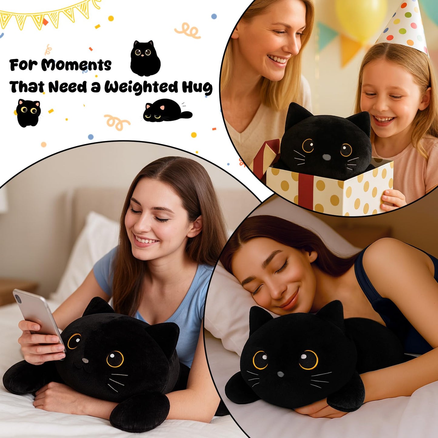 SQEQE Weighted Stuffed Animals Black Cat, Weighted Black Cat Plush, Plushies for Cozy Comfort, Soft Black Cat Pillow Toy for Kids Adults, Christmas & Valentines Gift 9.8 Inch, 0.8 Lb