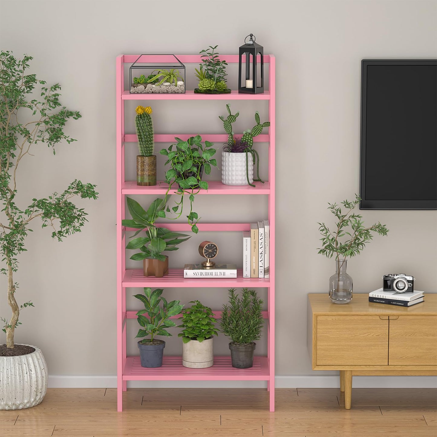 Homykic Bamboo Ladder Bookshelf, 4-Tier Ladder Shelf Open Book Shelf Freestanding Bookcase Bathroom Storage Rack Plant Stand for Living Room, Bedroom, Office, Easy Assembly, Pink
