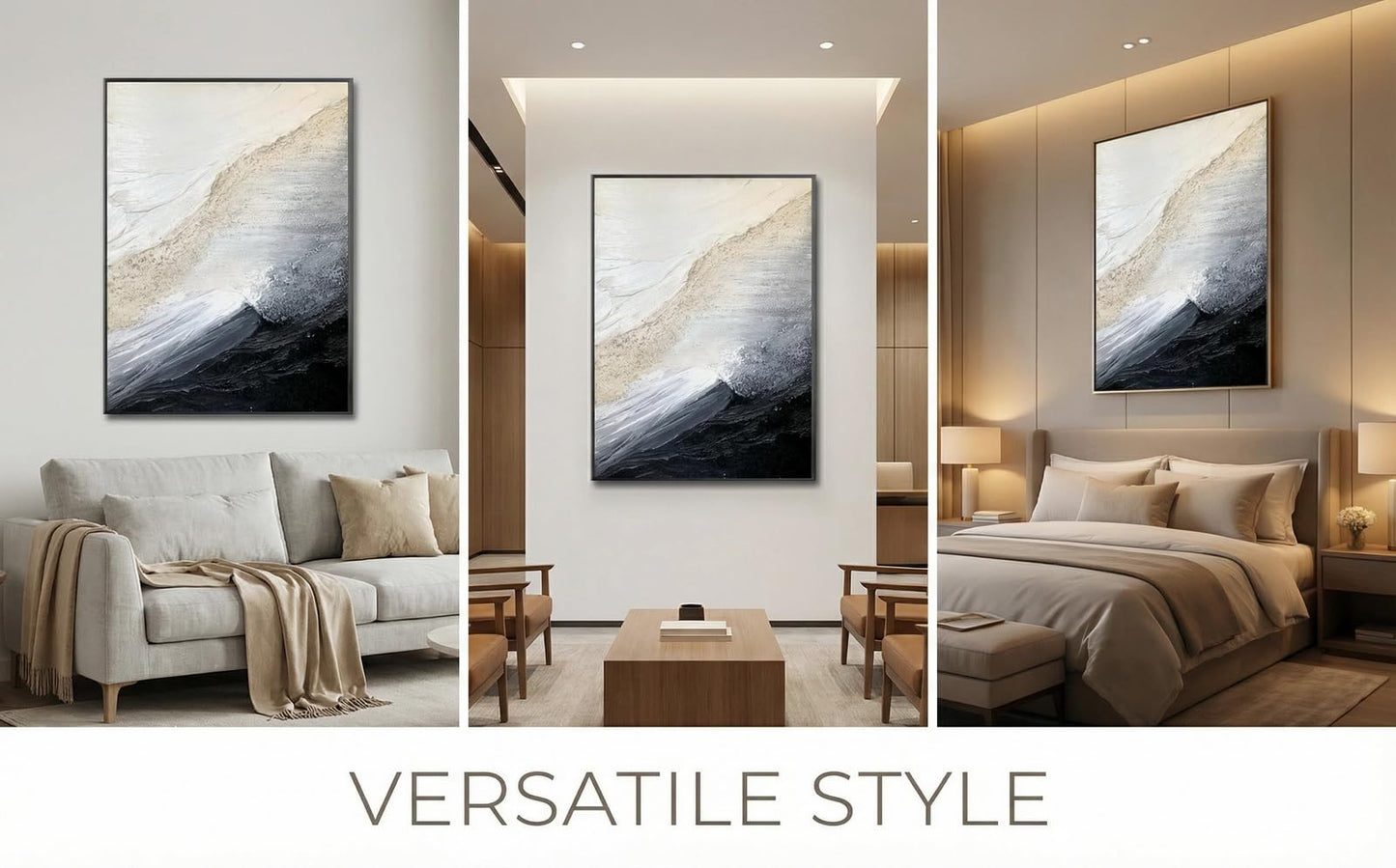 3D Textured White and Black Seascape Wall Art For Entryways, Large Framed Impasto Abstract Oil Painting for Living Room,Neutral Tone Wabi-Sabi Minimalist Wall Decor for Office/Bedroom 28x40 inches