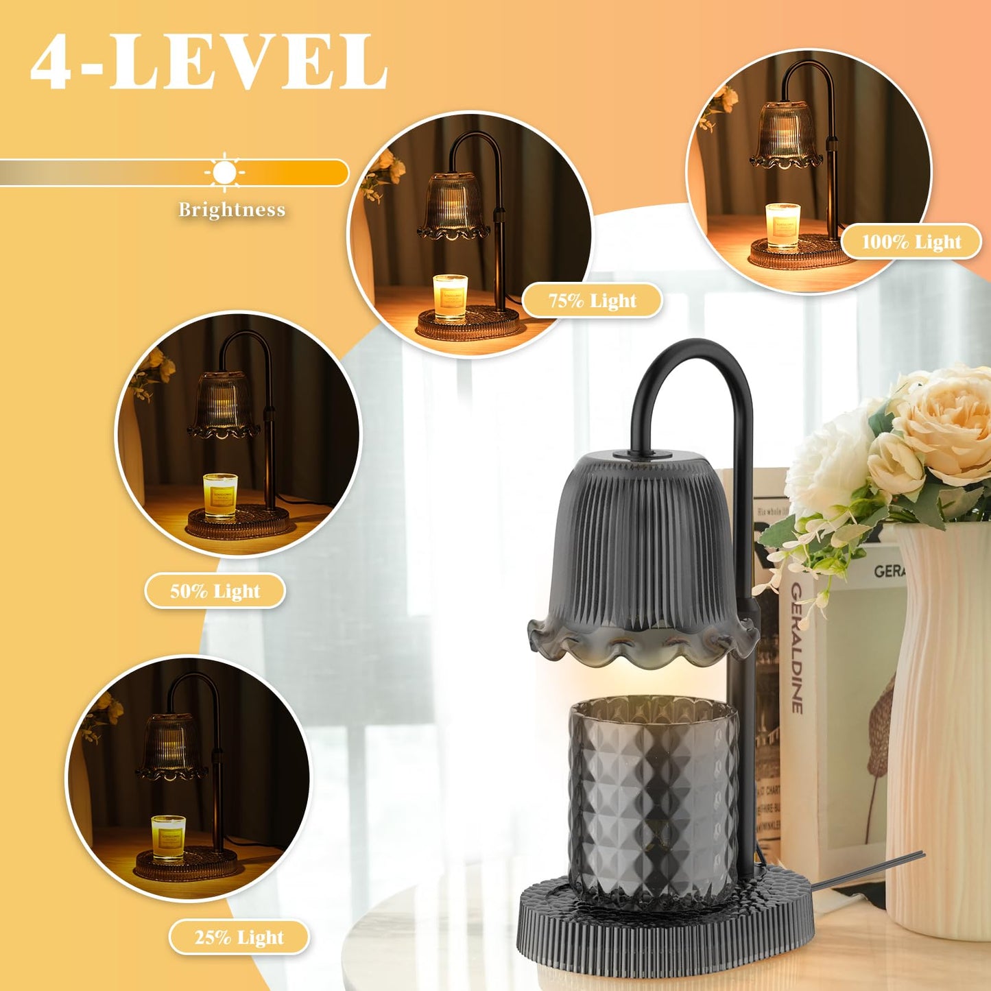 WYghyronic Candle Warmer Lamp with Adjustable Height - Flameless 4-Level Dimmable Wax Warmer, Timer Function & Stylish Design in Multiple Colors (Black1)