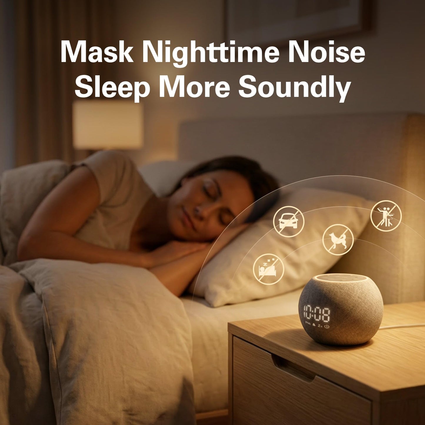 Zarler Sound Machine Alarm Clock for Bedroom, White Noise Machine Soothing Sounds for Sleep, Gentle Alarms for Wake Up, Dimmable Clock Display, Ambient Night Light, Plug in Bedside for Sleeping Adults