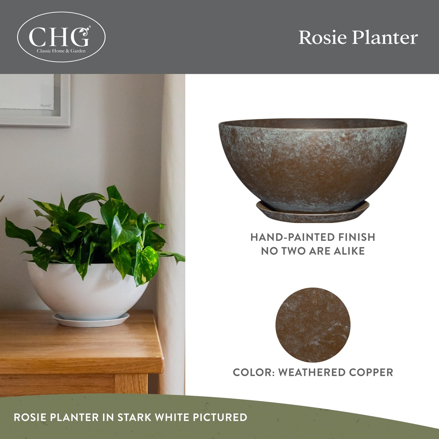 GROWSCAPE Rosie Planter Bowl, w/Drainage and Saucer, 10” Weathered Copper