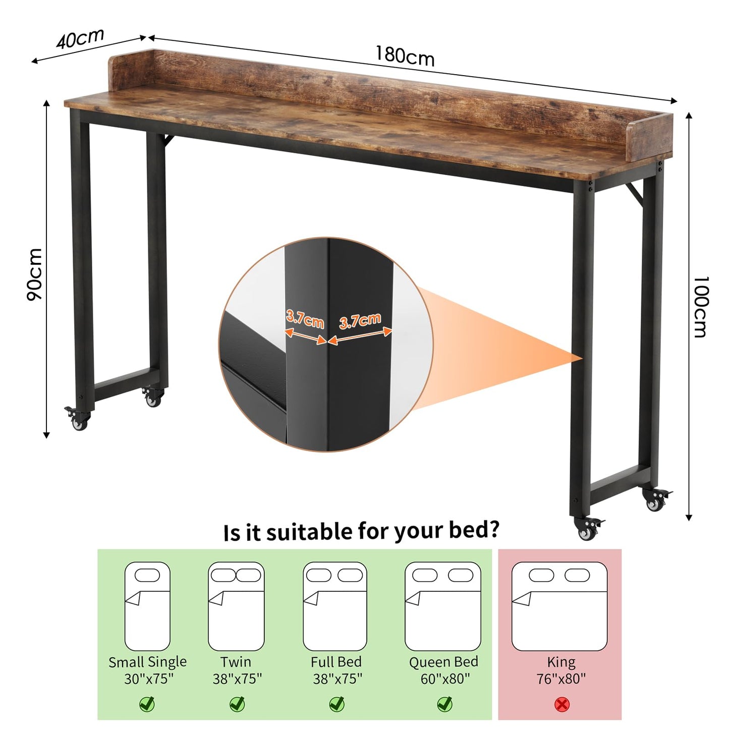 Arlopu Overbed Table with 360° Wheels, Queen Size Mobile Bed Desk with Heavy Duty Metal Leg, Sturdy Laptop Cart & Dining Table for Bedroom, Living Room, Hospital Use (Brown)