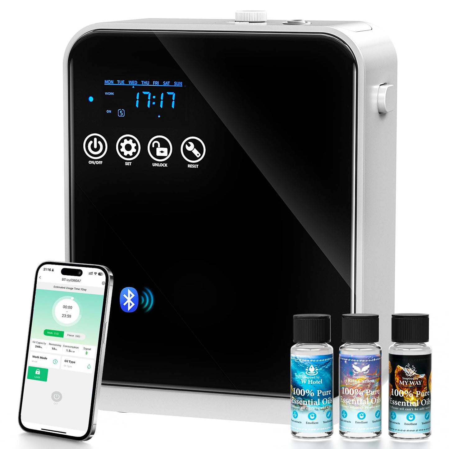 Waterless Essential Oil Diffuser,Whole House Oil Air Diffusers for Home,Hotel,Aromatherapy Scent Diffuser with APP Control & Touch Screen,1500 sq.ft Coverage,Adjustable Level & Auto Timer,Quiet,Black