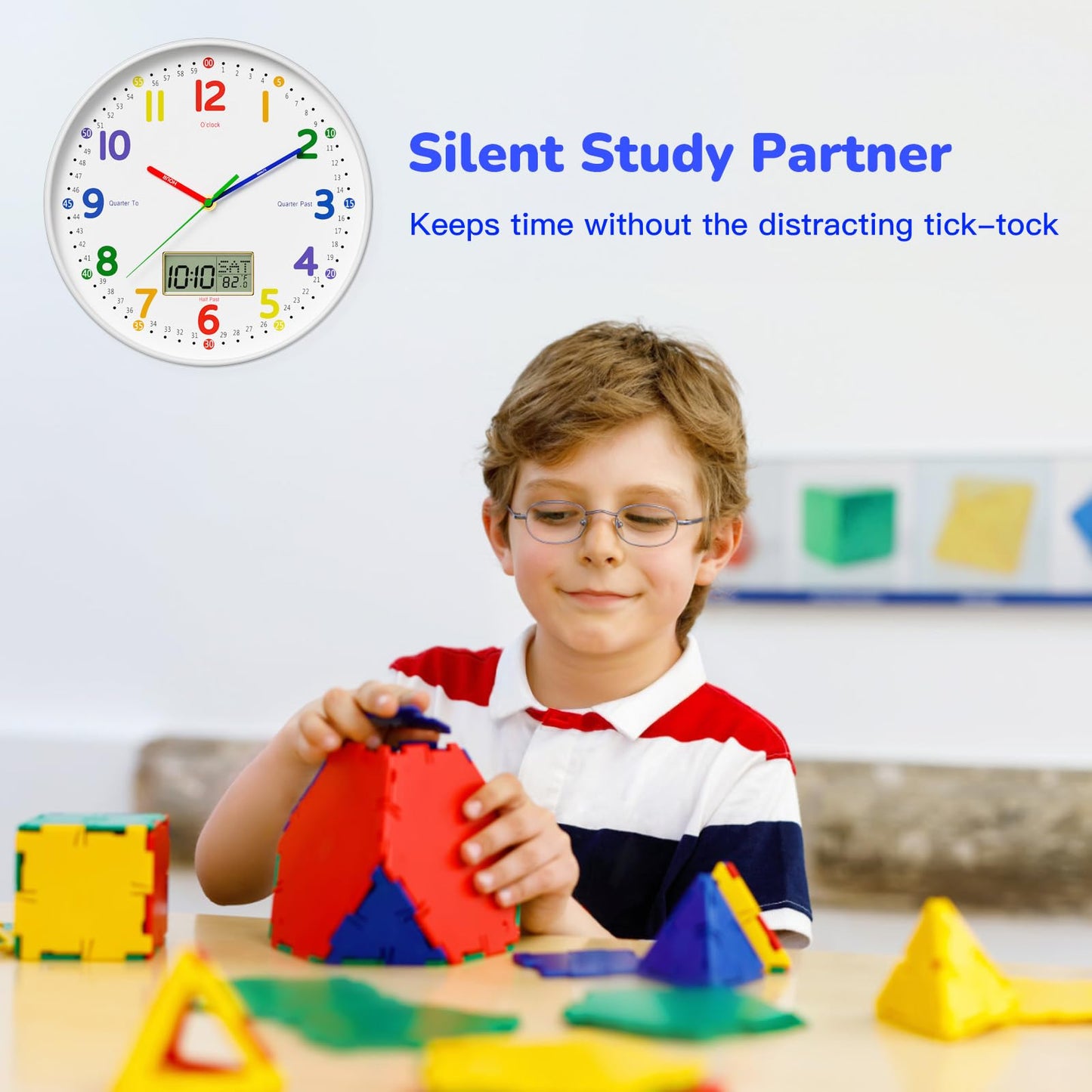 lanktoo 12" Silent Teaching Wall Clock with LCD Date Weekday Temperature Display – Tempered Glass, Non-Ticking Battery Operated Learning Clock for Kids Room, Classroom, Home Decor