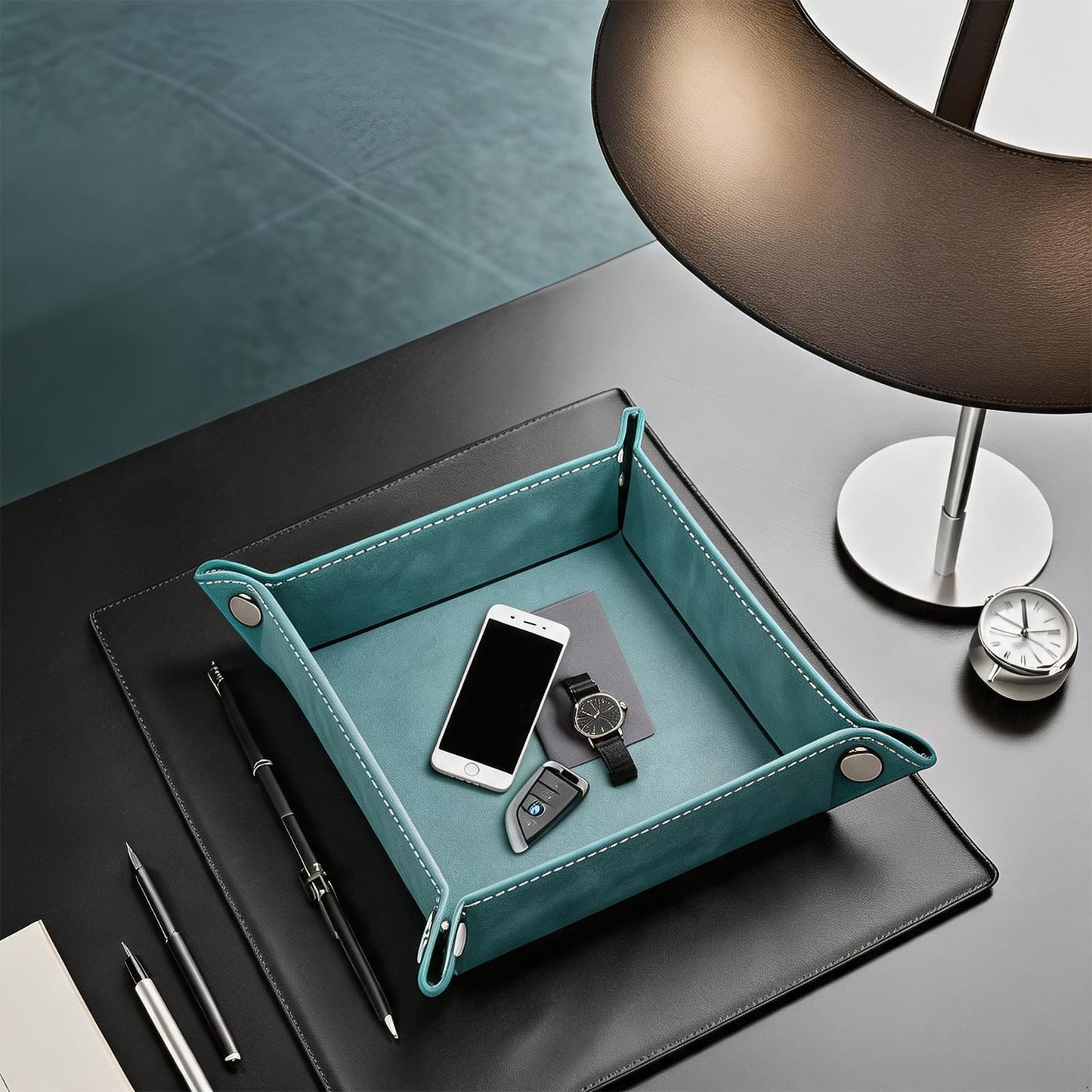 siduater Valet Tray Desktop Storage Organizer – Vegan Leather Catchall Bedside Vanity Tray Nightstand Caddy Holder for Remote Controller, Watch, Keys, Phone, Wallet, Coin, Jewelry, Stone Green