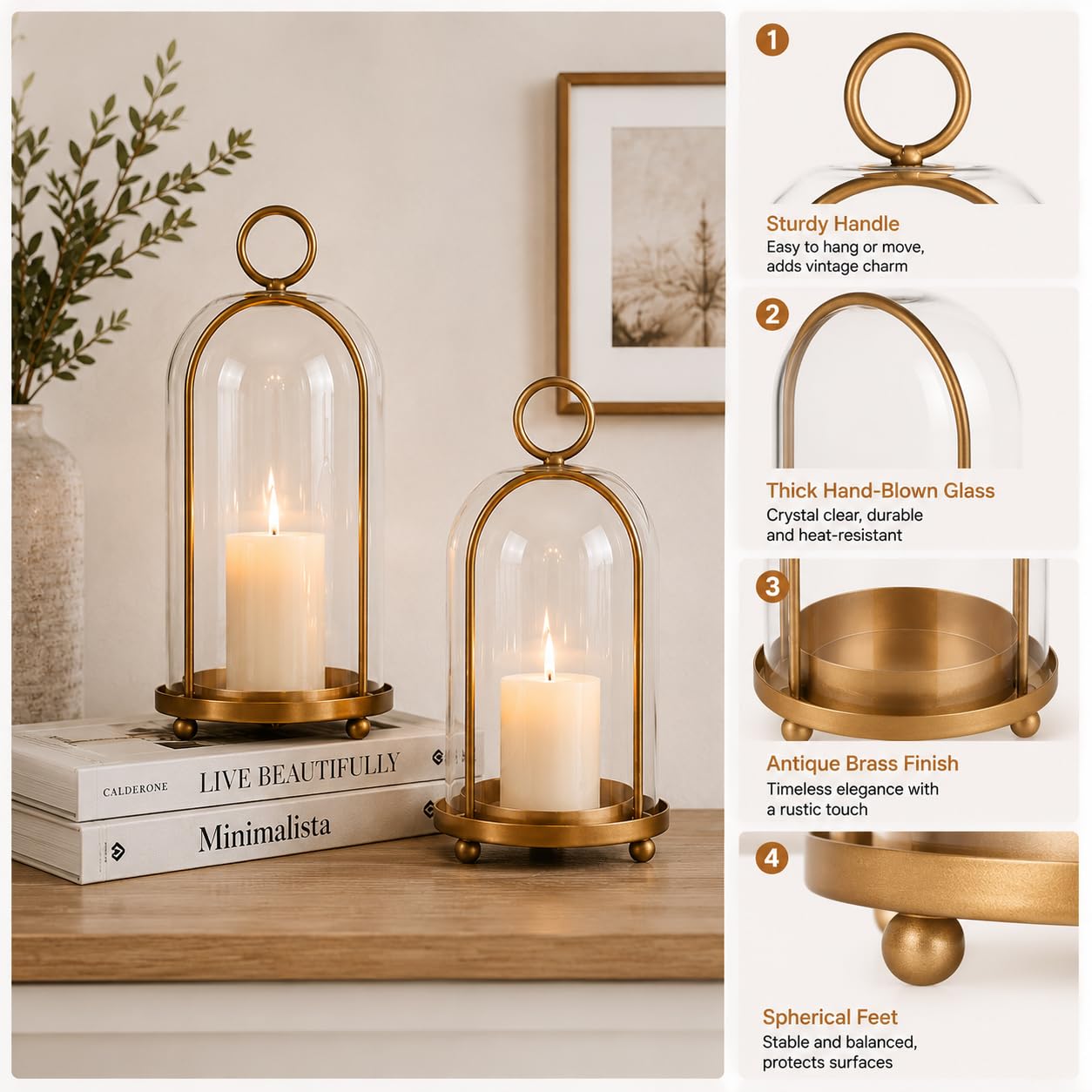 GYKLE Set of 2 Candle Lantern, Candle Holders with Glass Dome 10" & 7.87"