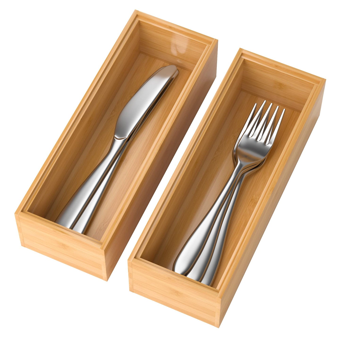 Lixple Bamboo Drawer Organizer – Set of 2 Stackable Storage Boxes, Silverware Tray & Small Gadget Holder for Kitchen Drawers, 9" x 3" x 2" (Outer), 8.3" x 2.3" x 1.77" (Inner)