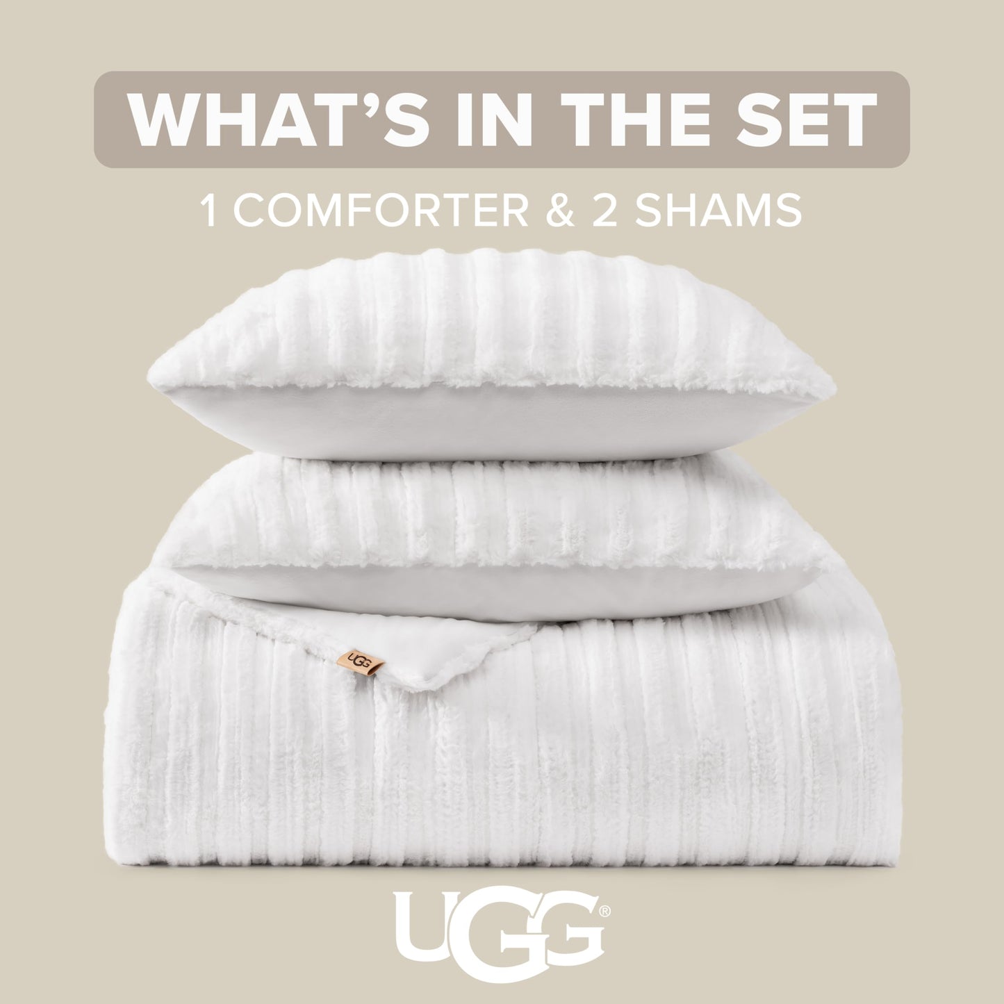 UGG Kenzie Full/Queen Comforter Set with 2 Pillow Shams Plush Faux Fur Bedding Soft Warm Down Alternative Comforter Washable Hypoallergenic Fluffy Blanket Set for Bedroom, Full/Queen Size, White Snow