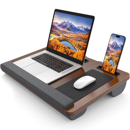 HETTHI Laptop Lap Desk, Portable Large Laptop Desk for Bed, Up to 17 in Lap Table with Wrist Rest, Mouse Pad, Tablet Phone Slot, Portable Handle, Lap Tray with Cushion (Dark Brown)