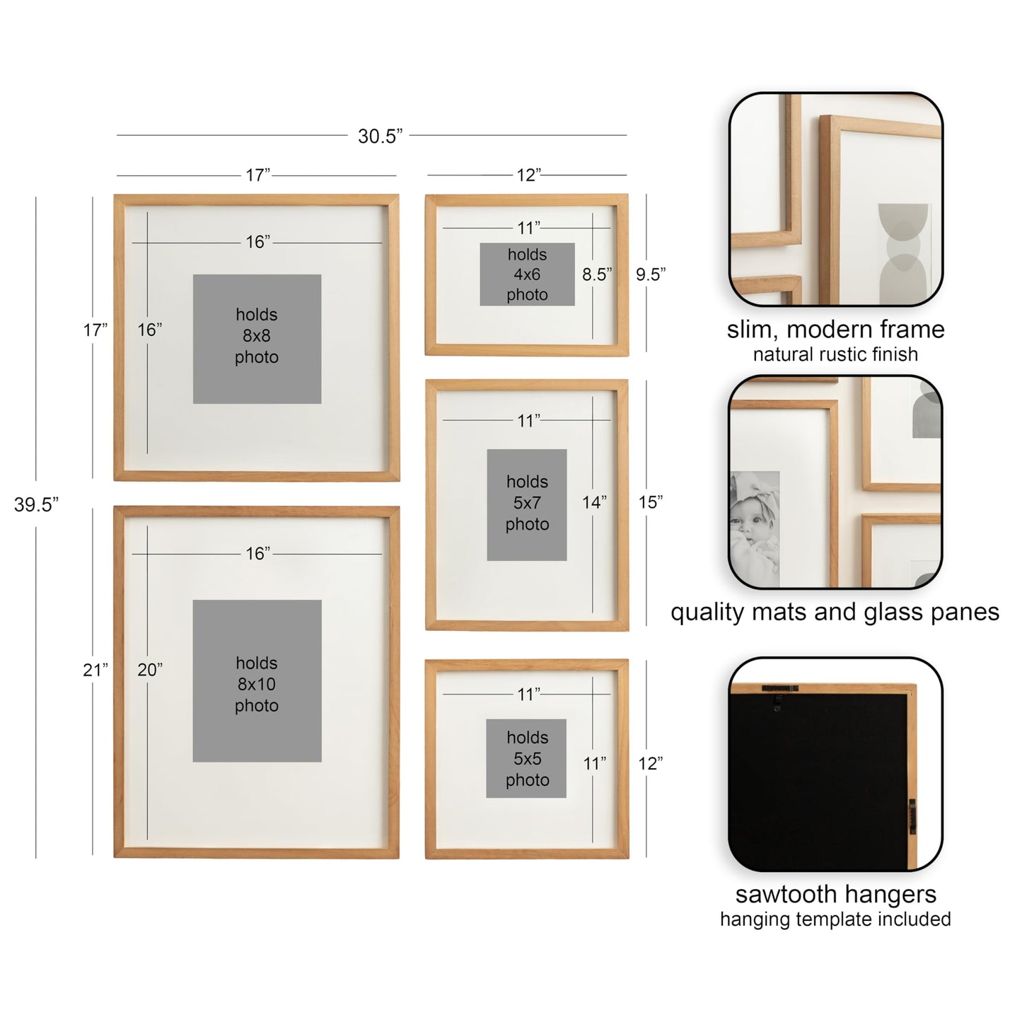 Kate and Laurel Gallery Contemporary Rectangle Picture Frame Set of 5, Varying Sizes, Rustic Brown, Modern Five-Piece Photo Frames for Gallery Wall Set in Living Room Wall Decor