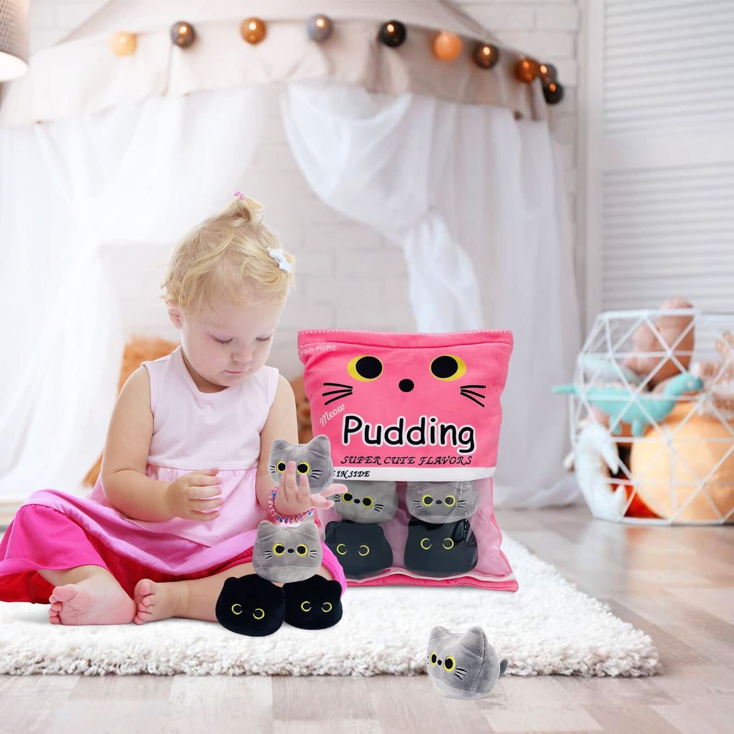 Cute Black Cat Plush Toy, Removable Stuffed Animal Plush Dolls, Soft Cute Gray Cat Plush Pillow Throw Pillow Home Decoration Gift for Kids Girls (6pcs a Bag, Pink)