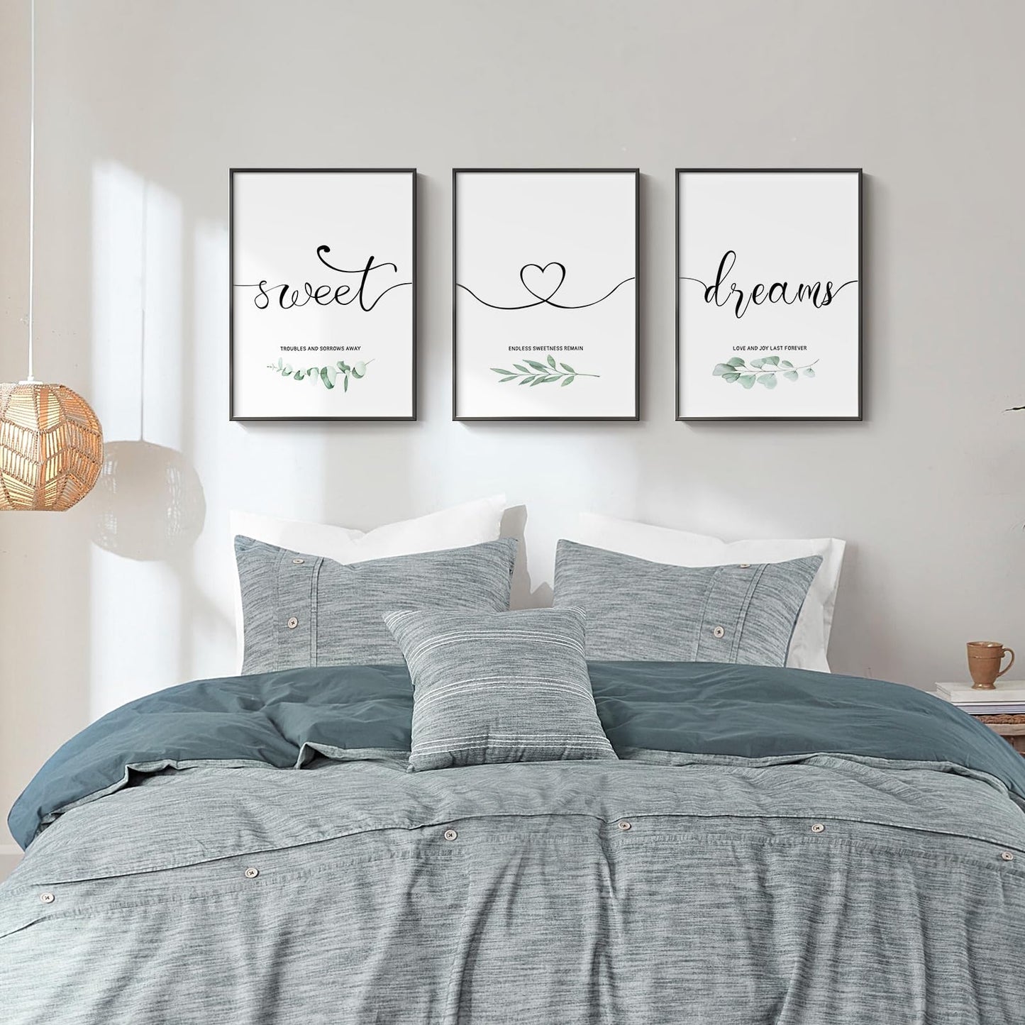 Framed 3 Piece Wall Art Bedroom, Sweet Dreams Signs Pictures Wall Decor Above Bed, Modern Minimalist Master Guest Room Wall Decor, Painting Print Script White Canvas Artwork for Walls, 12x16 Inch