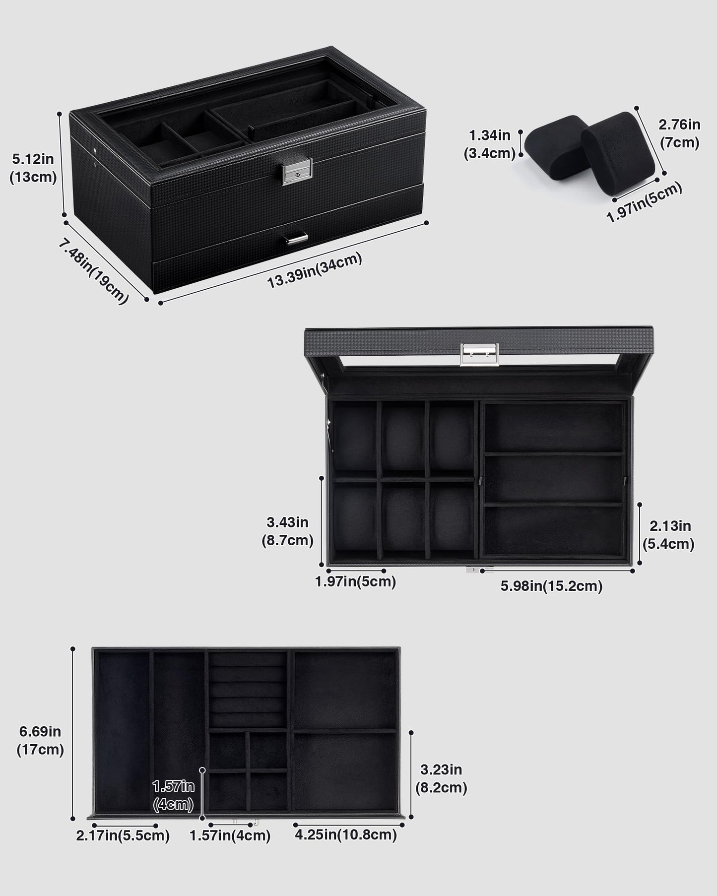 ProCase Mens Jewelry Box, Lockable 6 Slot Watch Case & 3 Slot Sunglasses Organizer, 2-layer Mens Jewelry Organizer Watch Box for Men, Watches Holder Display Storage, Fathers Day Gift -AllBlack