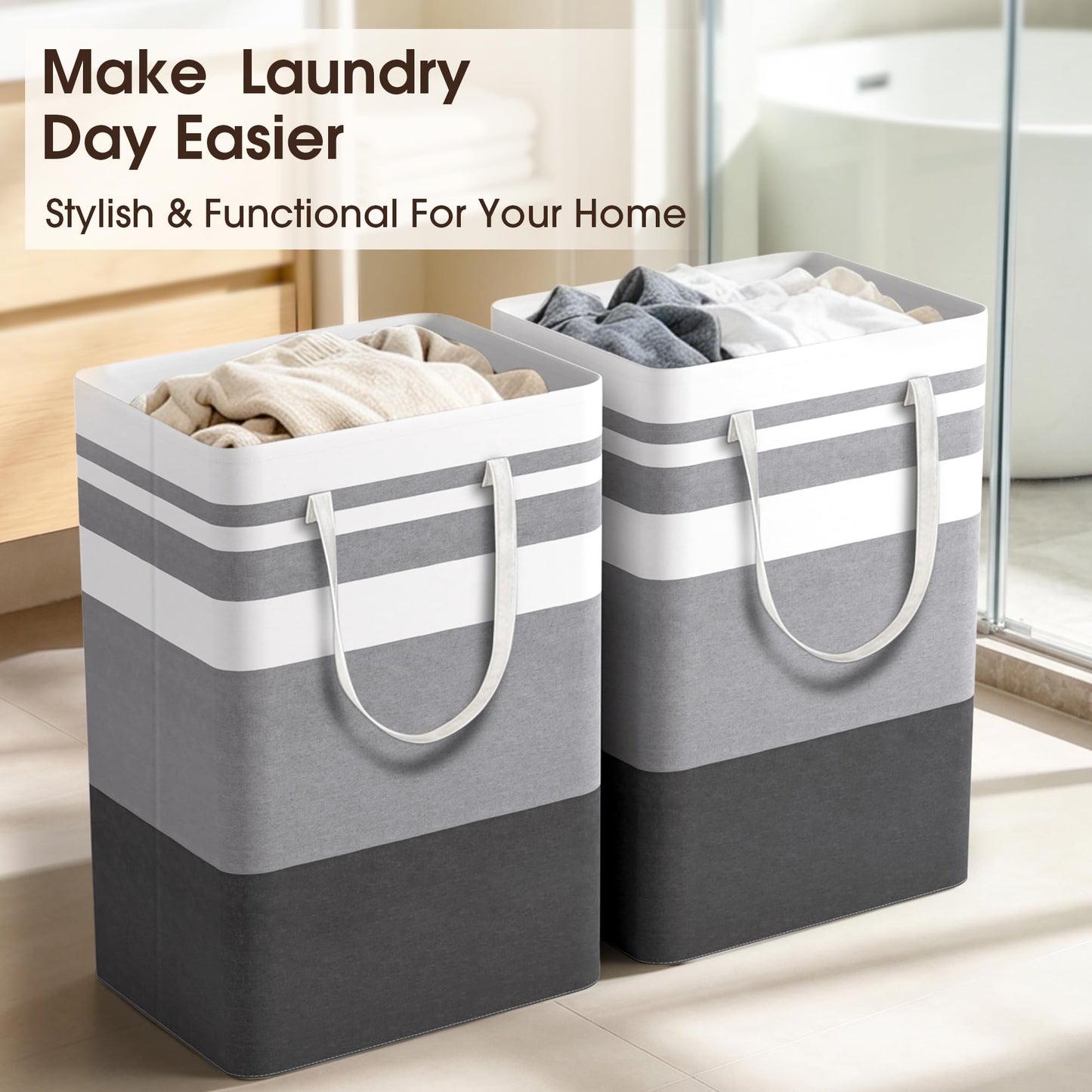 HomeHacks 2 Pack Large Laundry Baskets, Waterproof, Freestanding Laundry Hampers, Collapsible Clothes Hamper with Reinforced Handles in Laundry Room, College Dorm, Bathroom, Bedroom (Grey, 75Lx2)