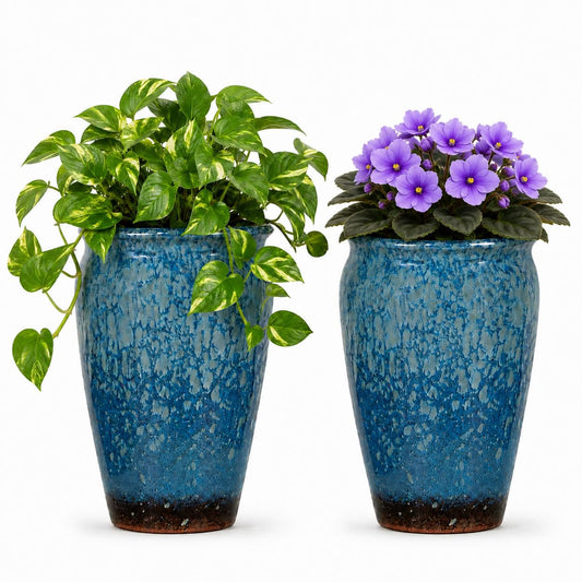 WildCorner Set of 2 8 Inch Ceramic Plant Pots with Drainage Holes, Reactive Glaze Planters for Indoor Plants, Decorative Flower Pots for Covered Outdoor Patio, Boho Housewarming Gift, Blue