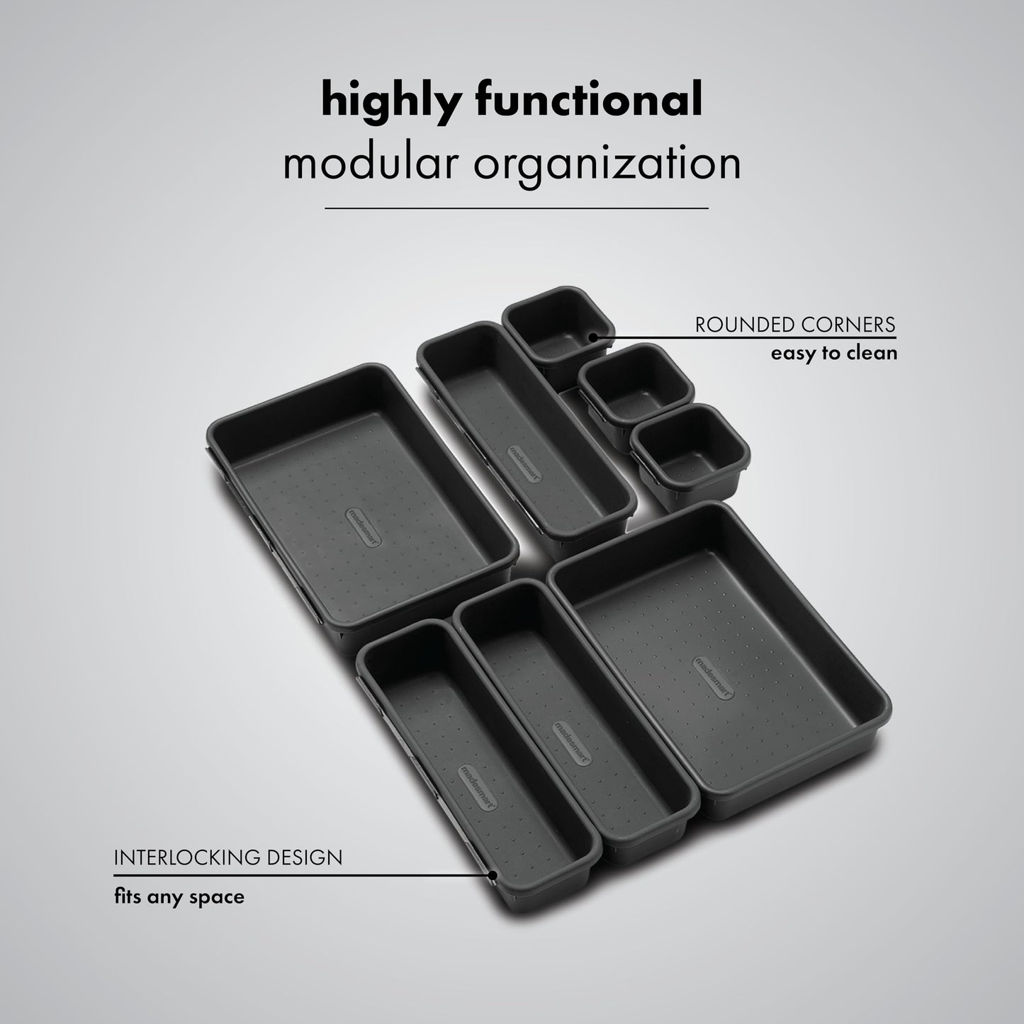 Madesmart 8-Piece Interlocking Bin Pack for Drawer Organization, Plastic Interlocking Junk Drawer Organizer Tray, Granite