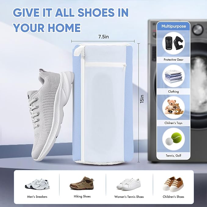 Shoe Washing Machine Bag for Washer and Dryer - Reusable Lint-free, Large Sneaker Laundry Bag for Tennis Home Shoe Washing Kit, Includes Shoes Trees to Prevent Deformation, Blue 2pcs
