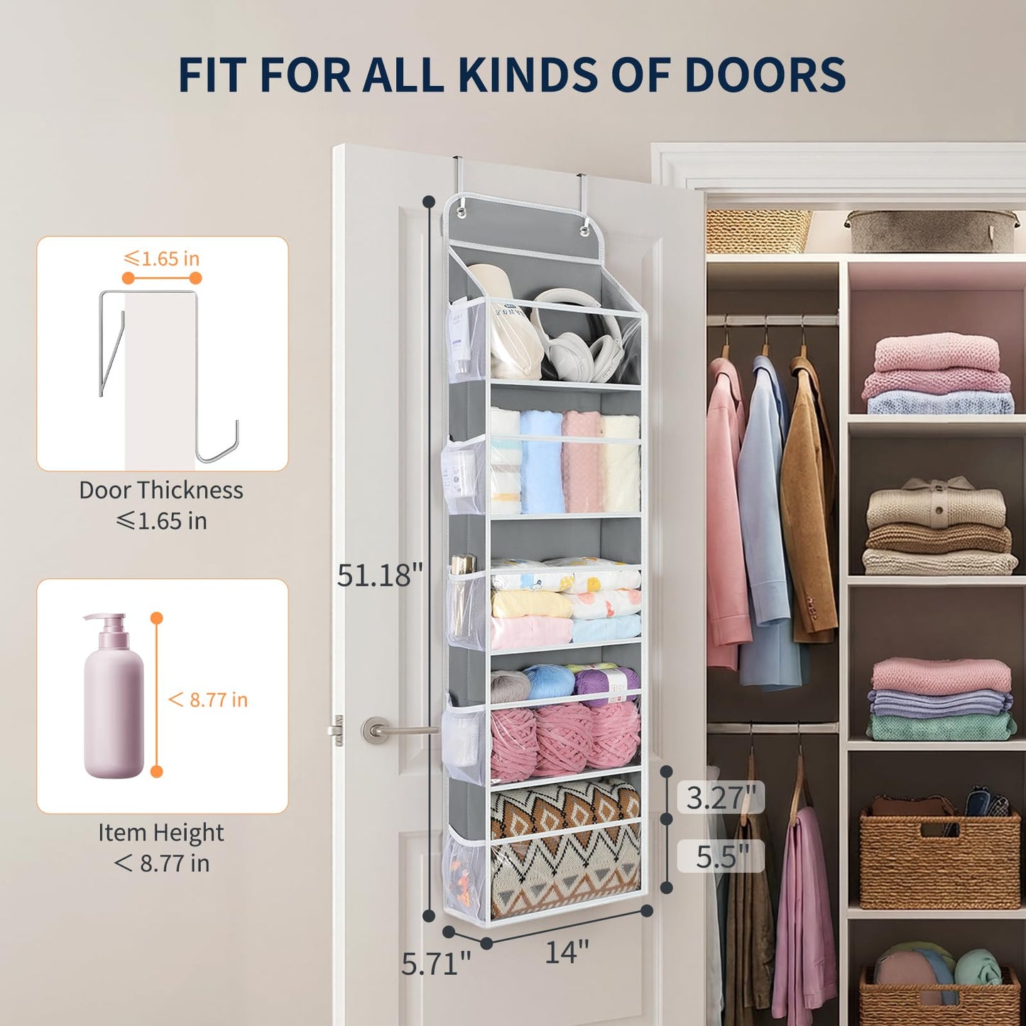 Yecaye 5-Tier Over the Door Organizer Hanging, Toy Stuffed Animal Storage, Behind the Door Storage with 5 Clear View Windows & 10 Side Pockets, Over the Door Storage for Bathroom Closet Nursery, Grey