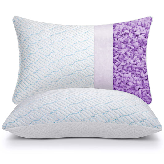 WISHSMILE Queen Size Shredded Memory Foam Pillows, Cooling Pillow Set of 2, Adjustable Height Firm Support, Double-Sided Ice Silk & Polyester Cover, Washable Bed Pillows for Adults, 20×30 Inch