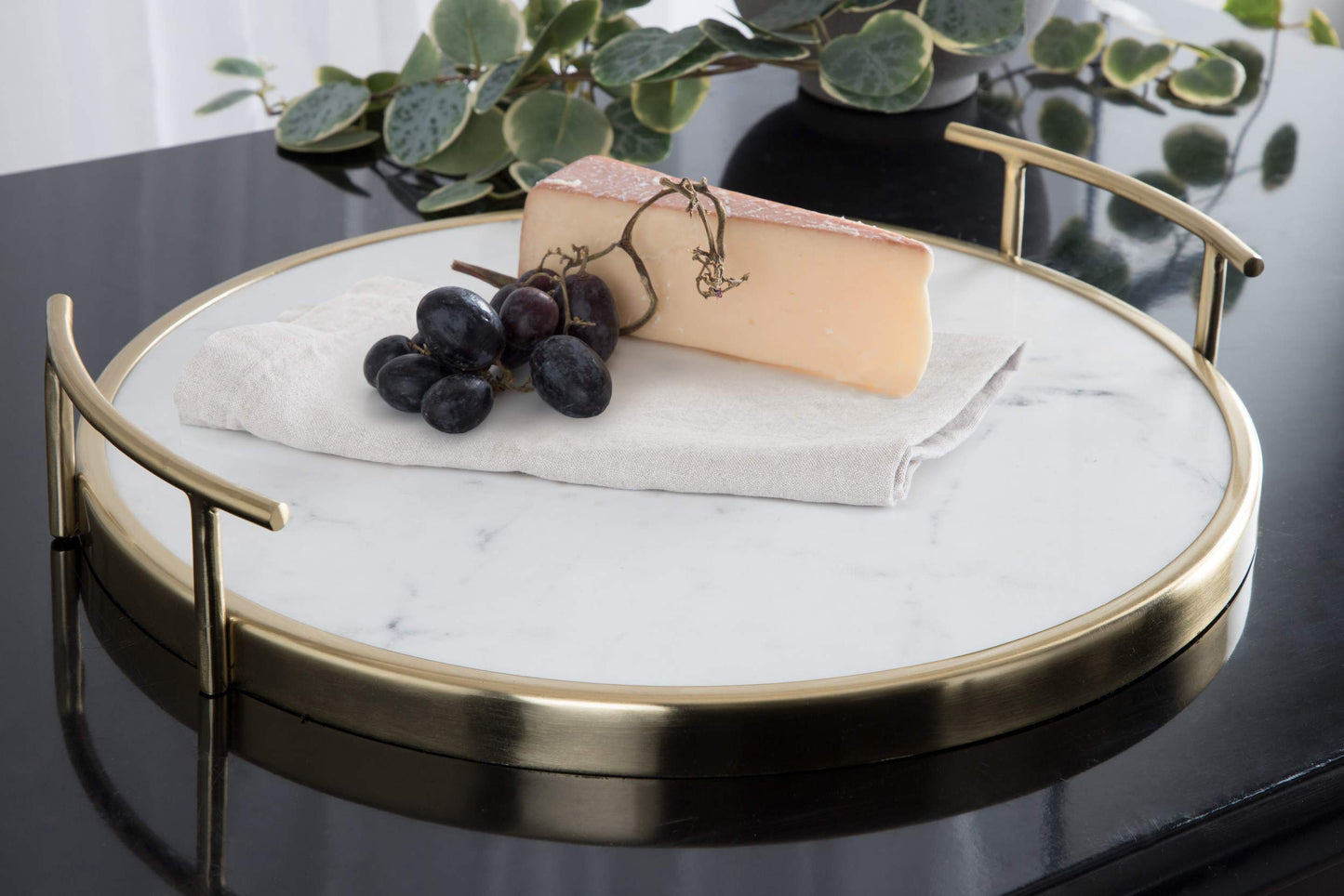 Kate and Laurel Marbury Modern Round Tray, 14 inch Diameter, White Marble and Gold, Contemporary Marble Tray for Storage and Display