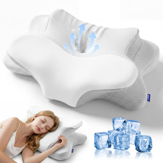 ofwaterstroll Cervical Pillow for Neck Pain Relief, Ergonomic Dual-Height Memory Foam Pillow with Cooling Breathable Cover for Side, Back & Stomach Sleepers –Beige
