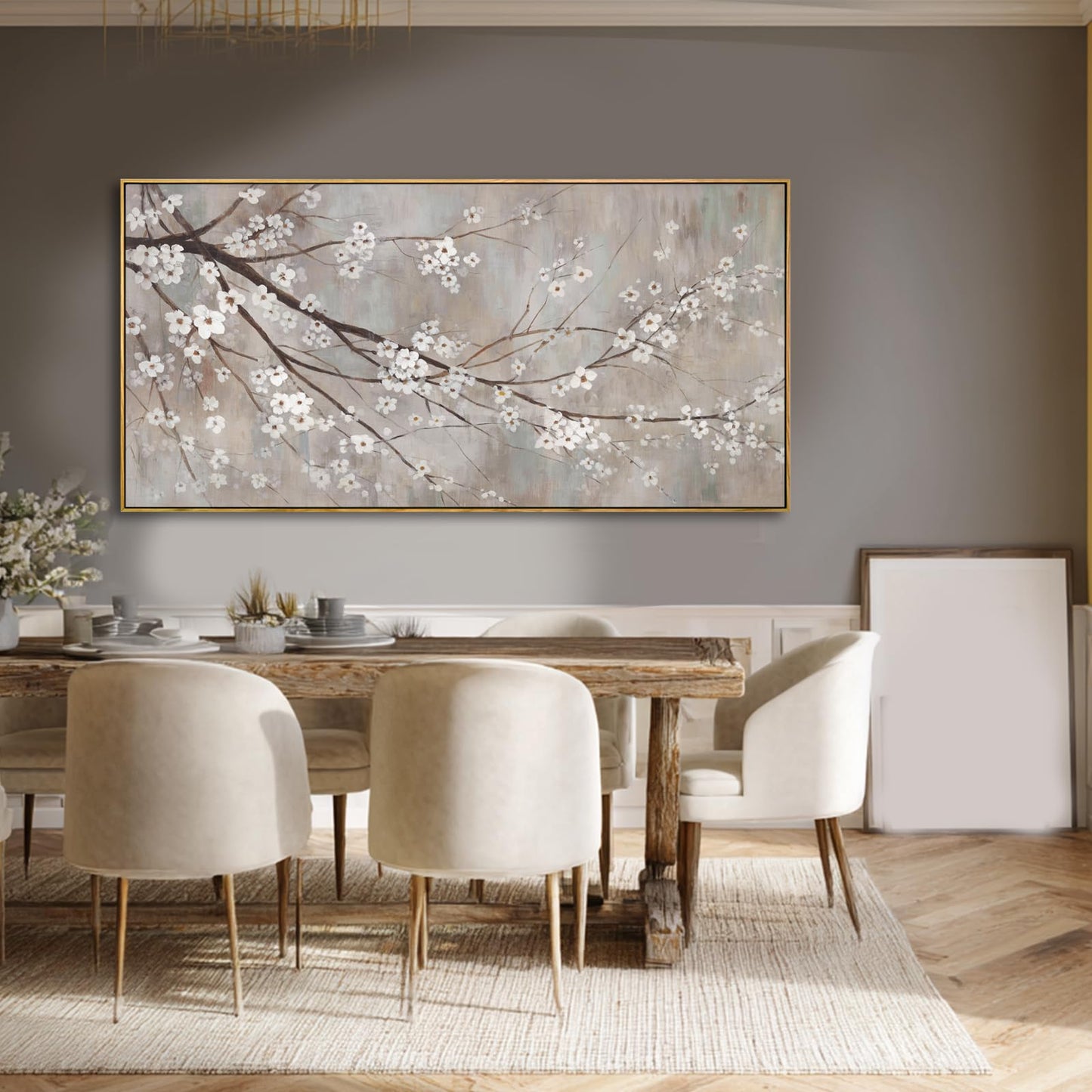 Flowers Wall Art Grey Pictures Wall Painting Large Framed Canvas Art Landscape Artwork for Dining Room Home 29"x 58" Ready to Hang