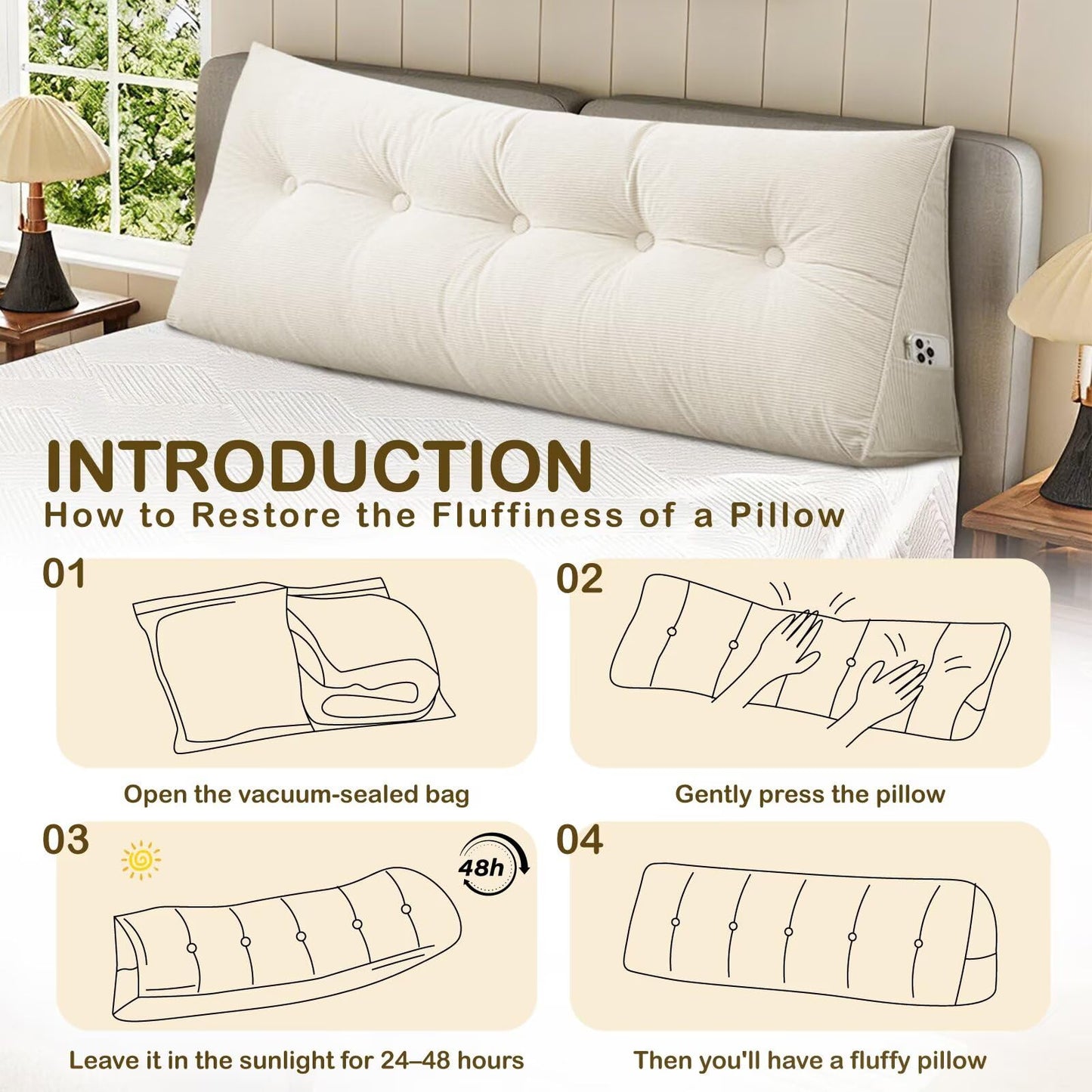 TESICA Dorm Triangular Headboard Bolster Pillow Cream White Wedge Headboard Twin Body Pillow Large Back Cushions for Sitting in Bed, Twin Size