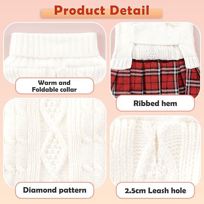YUDODO Small Dog Sweater Dress with Bowtie Turtleneck - Knitted Pet Girl Dog Winter Clothes - Pet Warm Sweater for Puppy Yorkies, Chihuahua (L White)