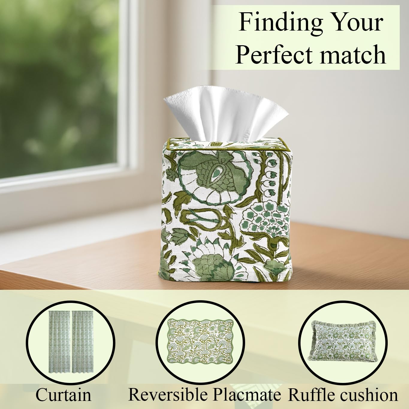 CPC Agate Green Hand Block Printed Cotton Tissue Box Cover 5" x 5" x 5.5" Square Soft Reusable Boho Napkin Holder for Home Kitchen Dining Bathroom Office Cafe Spa, Gift for Spring, Mother's Day