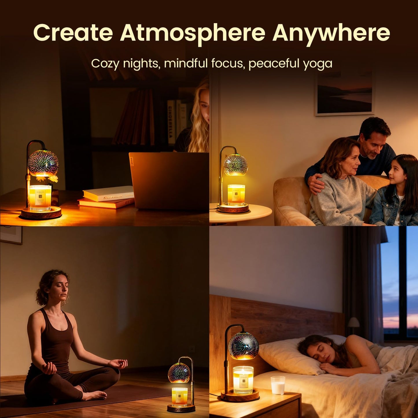 Glocusent Candle Warmer Lamp with Timer, 3D Glass Globe, Retro wood-grain metal base, Dimmable Height Adjustable Candle Warmer for Jar Candles, Home Decor & Gifts for Women, Firework patterns, 2 Bulbs