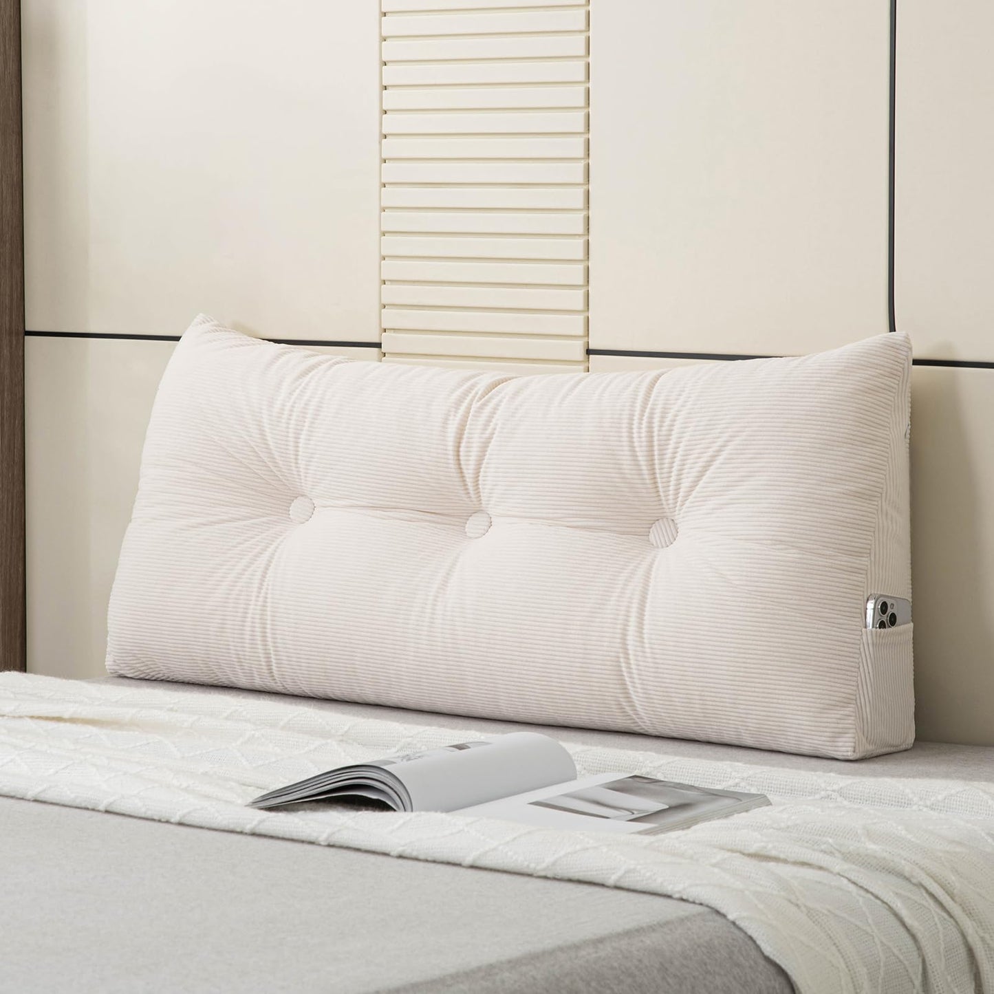 MQK Headboard Pillow Bed Wedge Pillow for Headboard with Side Pocket Dorm Headboard Twin xl Long Back Pillow for Bed Bolster Pillow for Mattress Gap Filler White Reading Pillow for Bedroom Sofa Daybed