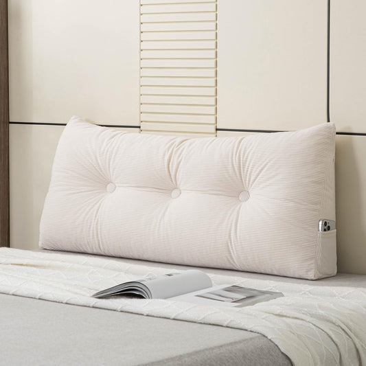 MQK Headboard Pillow Bed Wedge Pillow for Headboard with Side Pocket Dorm Headboard Twin xl Long Back Pillow for Bed Bolster Pillow for Mattress Gap Filler White Reading Pillow for Bedroom Sofa Daybed