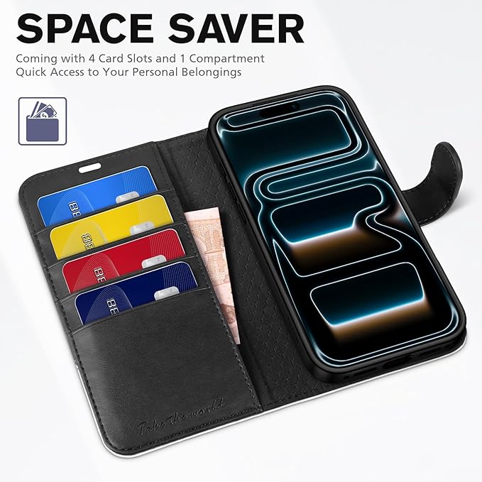 TUCCH Wallet Case for iPhone 17 Pro (6.3") 2025, 4 Card Holders, RFID Blocking, Stand, Shockproof TPU Shell, PU Leather, Magnetic Closure, Protective Flip Folio Cover, Black & White