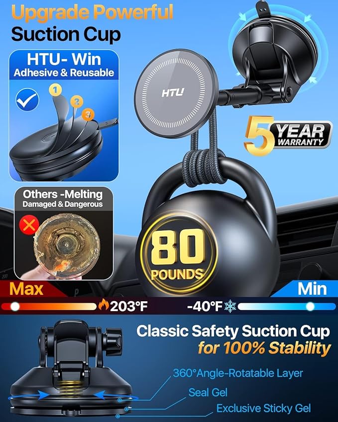 HTU 2025 Upgraded for Magsafe Car Mount [80LBS Strongest Suction & Military-Grade] Powerful Magnetic Cell Phone Holder for Car Dashboard Windshield for iPhone 16 15 14 Pro Max Mini (Dark Grey)
