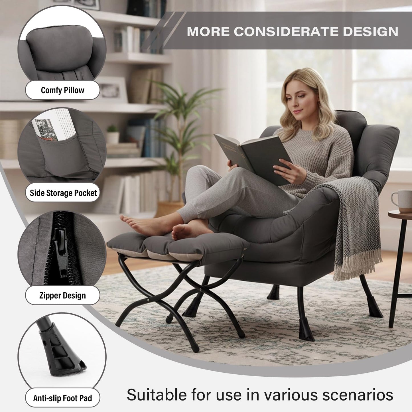 YOTATING Lazy Chair with Ottoman, Lounge Accent Arm Chair with Armrests, Side Pocket and Footrest, Leisure Upholstered Sofa Reading Chair with Footstool for Living Room Bedroom, Dark Grey