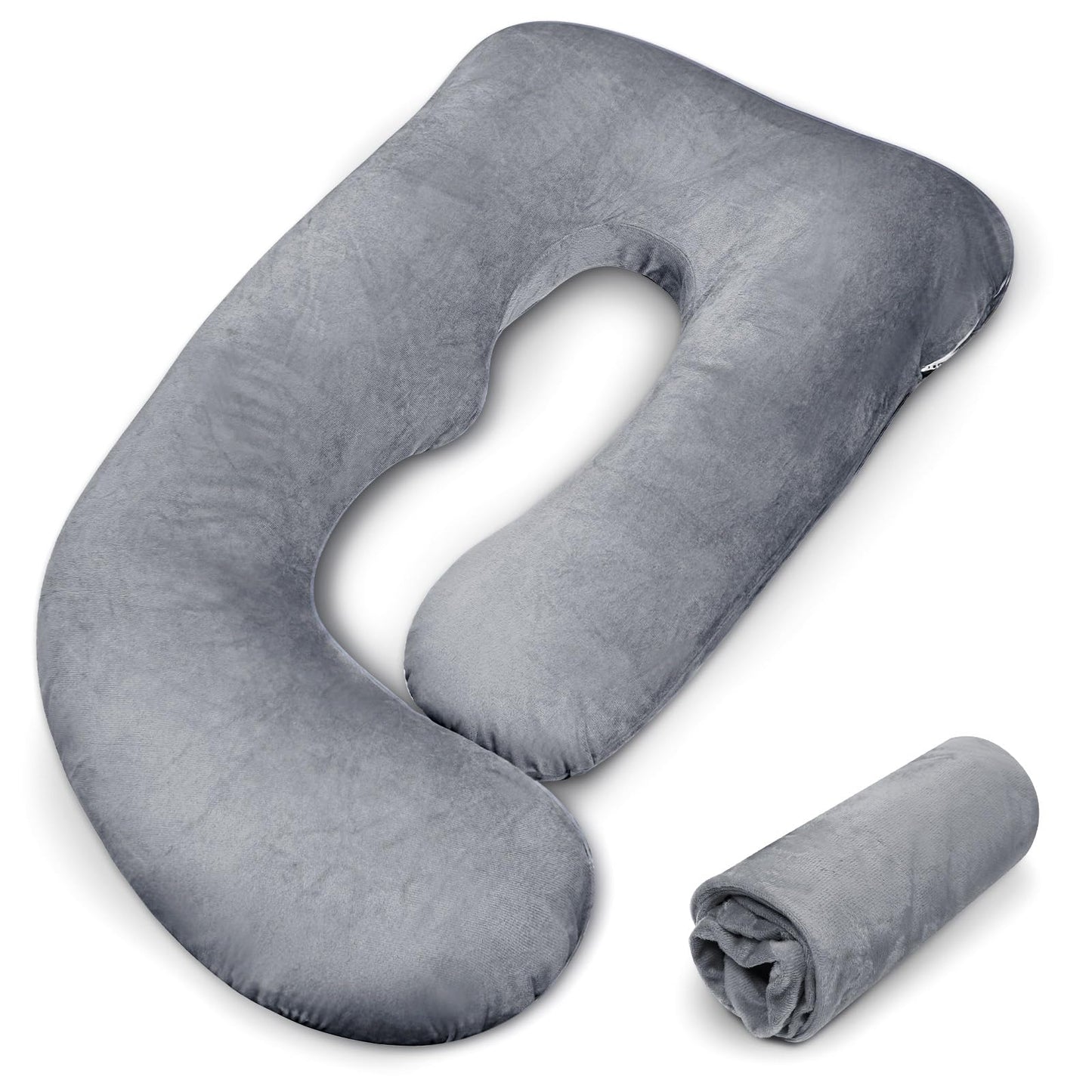Pregnancy Pillow Cover J-shaped Replacement Pillowcase(Cover Only), Soft Full Body Pillow Case for Maternity Pillows, Provides Sleep and Pregnancy Support, 100% Velvet with Zipper, Universal Fit, Grey