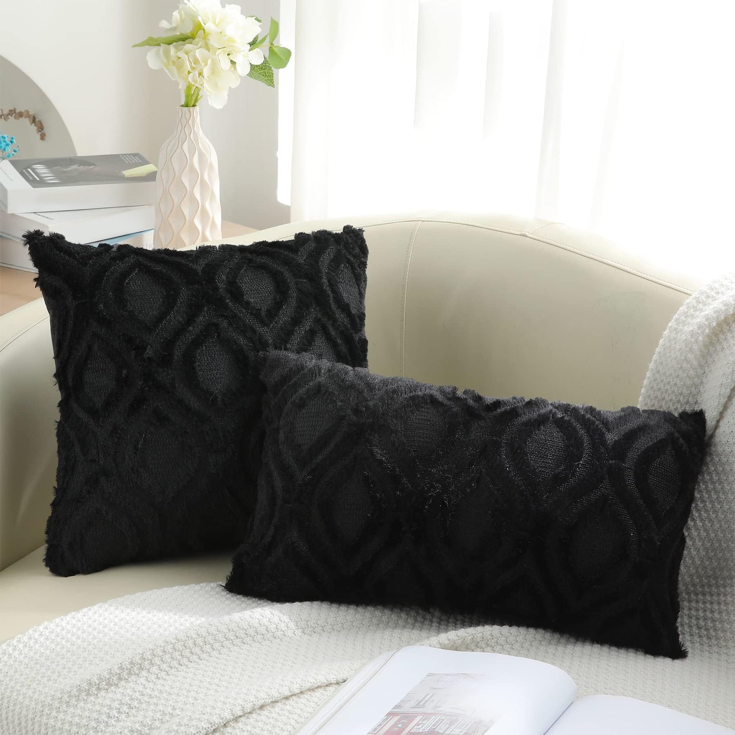 decorUhome Throw Pillow Covers 12x20 Inch Set of 2, Soft Plush Faux Wool Black Solid Couch Pillow Covers, Accent Farmhouse Neutral Rectangle Pillow Cases for Sofa Bed Living Room