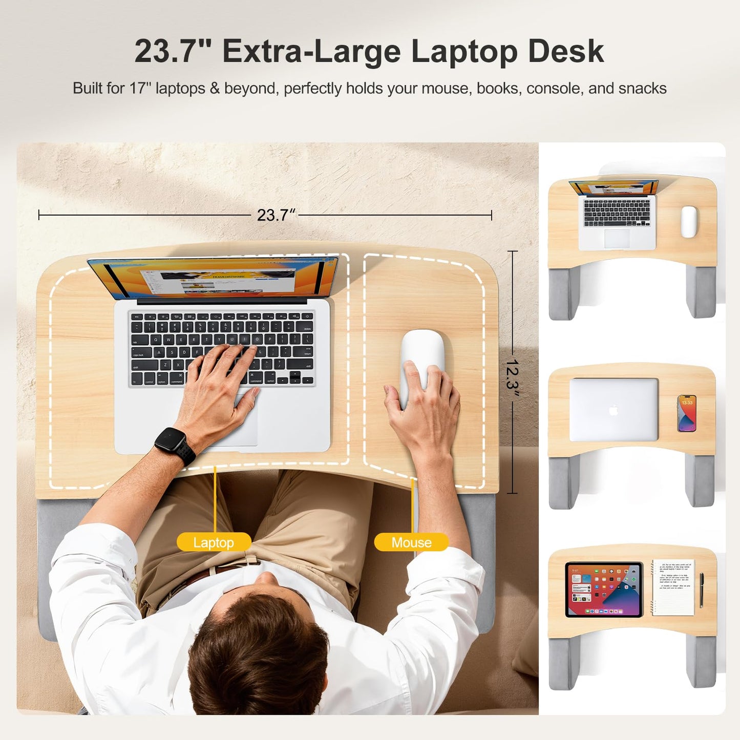 Lap Desk for Adults with Arm Rests,Ergonomic Laptop Pillow Stand for Bed,Couch,Floor,Large Table for Long Hours Work,Eating,Gaming,Reading and Writing,Wood Lap Laptop Desk for College Dorm Room