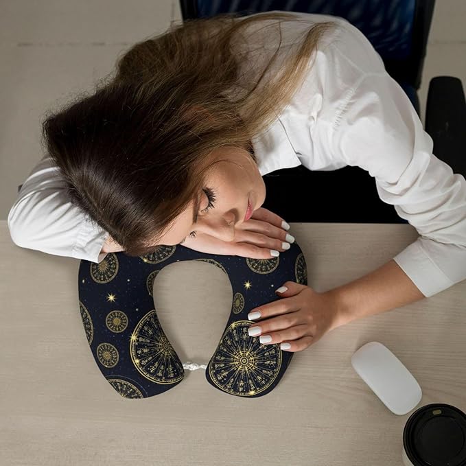 Travel Pillow Chin Neck Support, Comfortable Airplane Car Pillows for Rest, Memory Foam U Shaped Office Home Nap Sleeping Cushion Norse Gold Viking Vegvisir Runic Compass