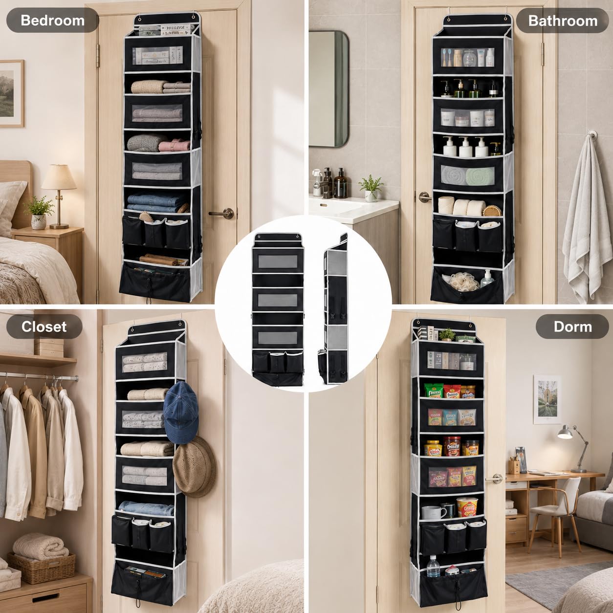 1 Pack Over The Door Organizer Storage, Hanging Organizer Closet with 5 Large Pockets 6 Mesh Pockets, 50 lbs Weight Capacity, Behind Door Storage for Closet Nursery Bedroom Bathroom (Black)
