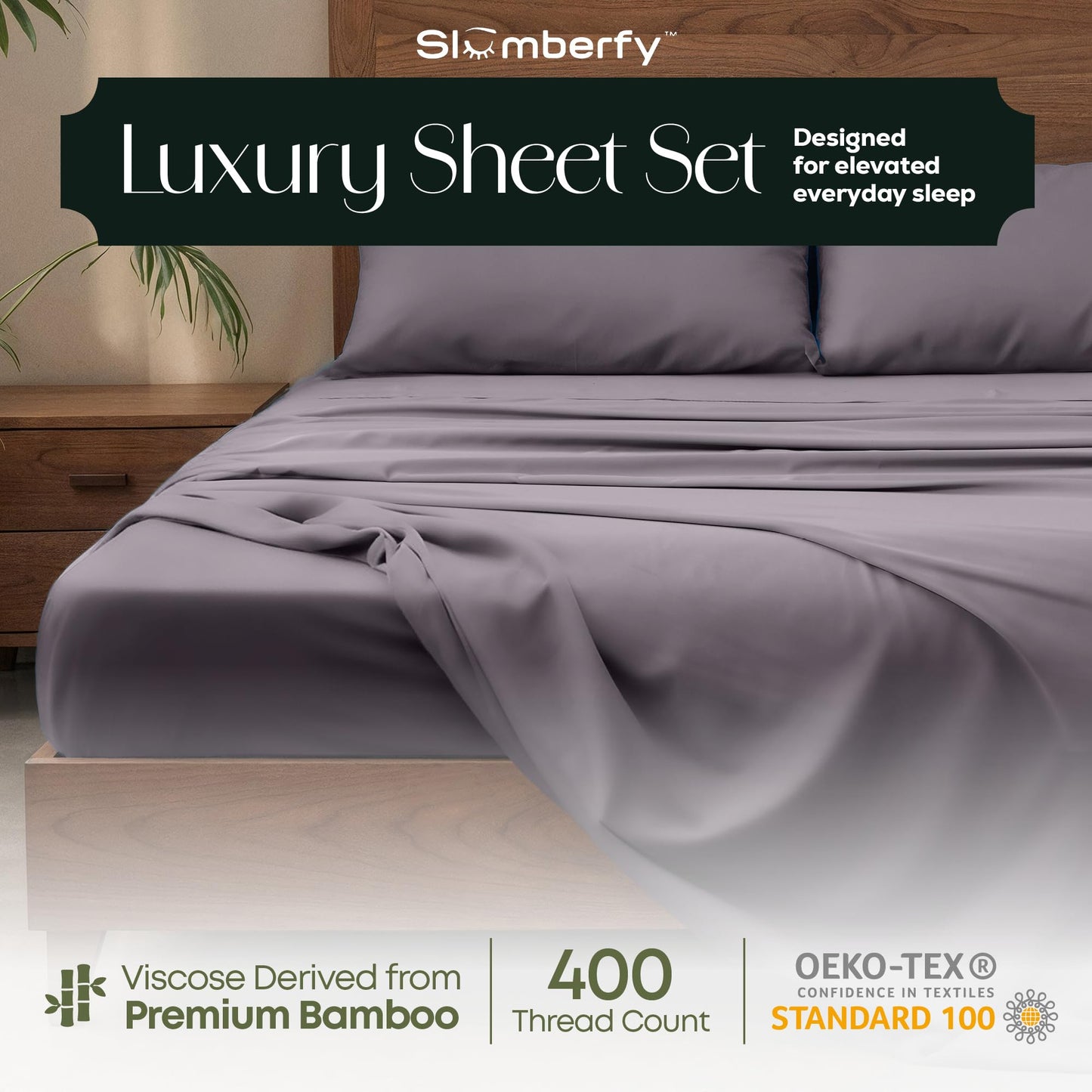 Slumberfy 4-Piece 400 TC Viscose Derived from Bamboo Sheets, King Size - 1 Fitted, 1 Flat, 2 Pillow Cases - Deep Pocket Cooling Viscose-Bamboo Bed Sheets in Magnetic Closure Gift Box, Grey