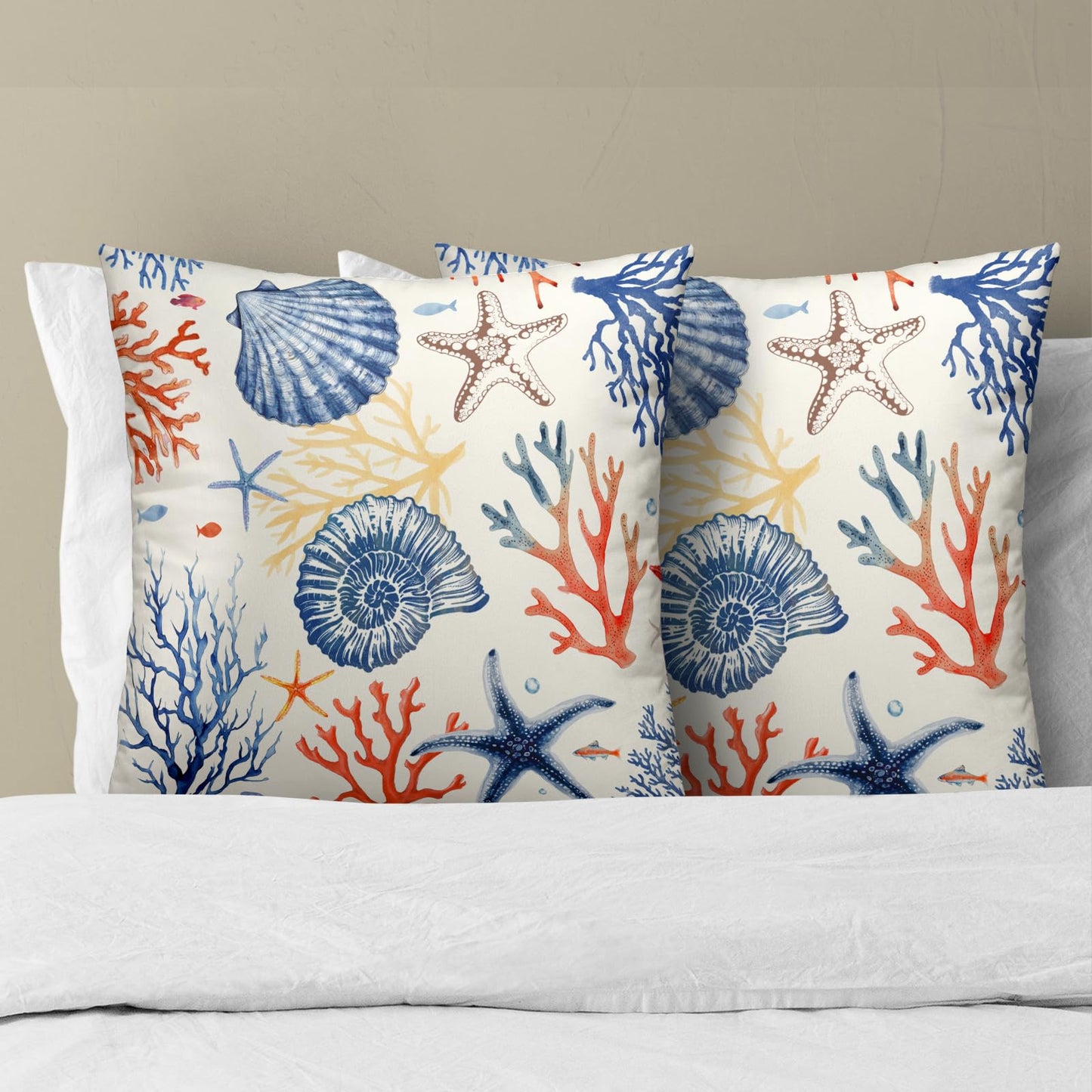 Mweet Nautical Coastal Throw Pillow Covers 18x18 Set of 2, Summer Ocean Beach Coral Decorative Pillow Cases Cotton Cushion Cover for Home Sofa Couch Wedding Anniversary Decor