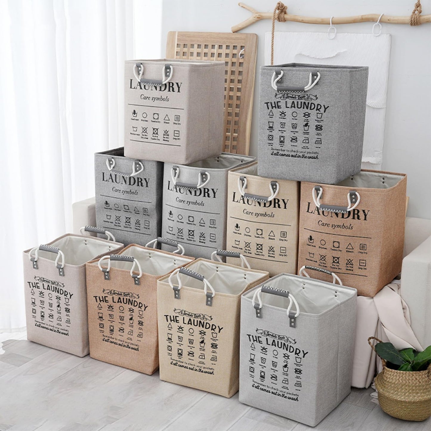 MLUUHK Small Laundry Basket, 50L Foldable Laundry Hamper Organizer with Handles, Fashion Portable Laundry Basket in Bedroom, Laundry Room, Closet, Bathroom, College Dorm (Beige)