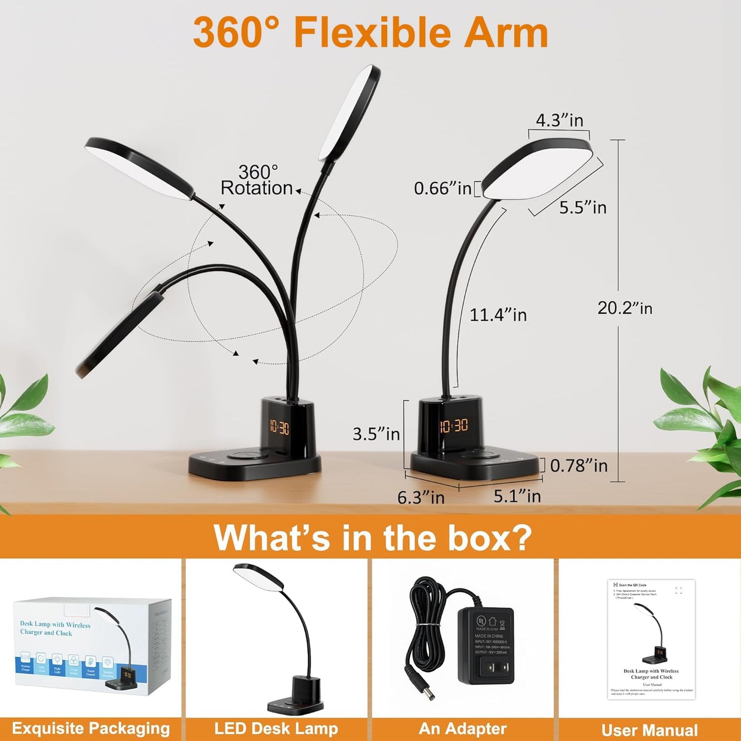 Sailstar Desk Lamp, Bedside Table Lamps with Wireless Charger and Clock, 30Mins Auto-Off Night Light Lamp, 3 Color Modes Dimmable Touch 800LM CRI 95, LED Desk Lamps for Home Office, Adapter Included