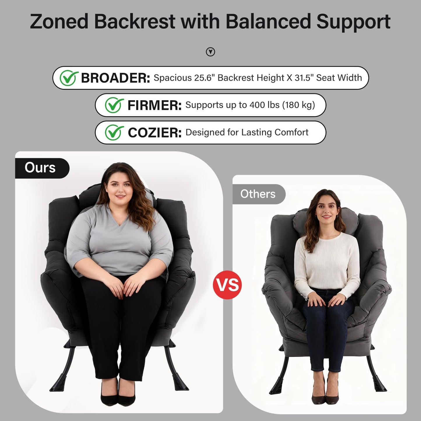 DreamNook Lazy Chair with Ottoman, Modern Accent Chair with Lumbar Pillow, Black Sofa, Armchairs with Folding Footrest, Oversized Supportive Chairs for Bedroom, Reading