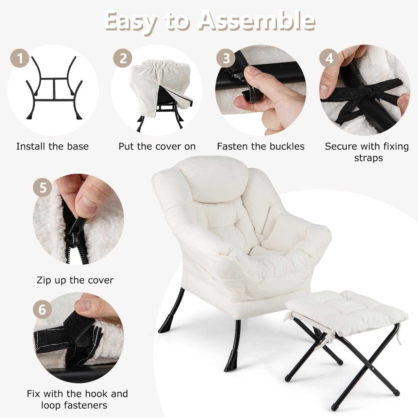 Giantex Lazy Chair with Folding Ottoman, Modern Sherpa Accent Chair w/Steel Frame, Armrests & Pocket, Upholstered Single Sofa Chair Set, Leisure Reading Lounge Chair for Living Room Bedroom (White)