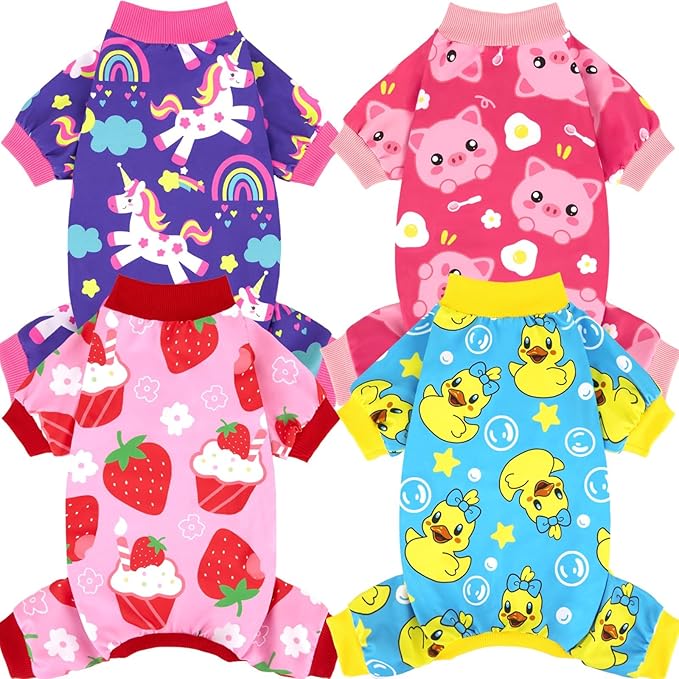 XPUDAC 4 Pieces Dog Pajamas Stretchy Dog Pjs Soft Cute Doggie Clothes for Small Medium Dogs Boy Girl Cats Pet Outfits