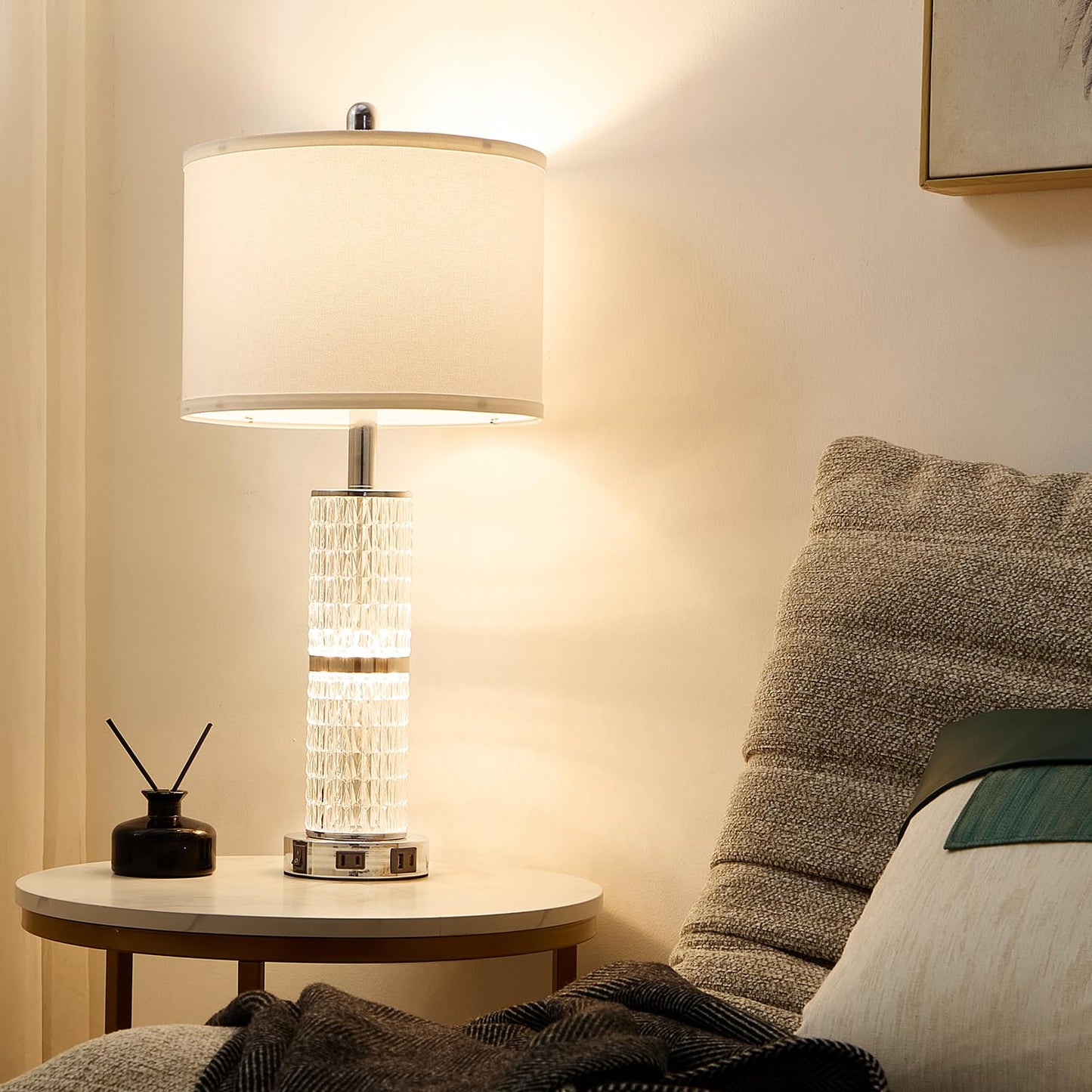SAIWEYA Crystal Table Lamps Modern 3-Way Dimmable Bedside Lamp with 2 USB Ports & AC Outlets for Living Room Bedroom Nightstand Lamp Night Light