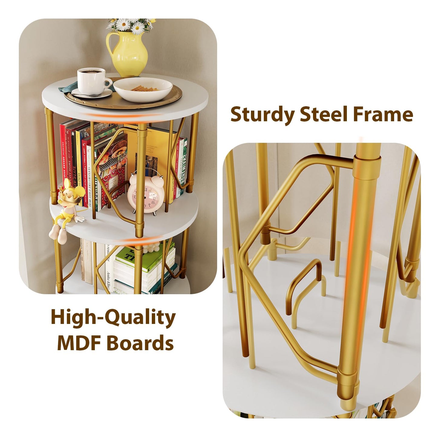 5 Tier Rotating Bookshelf Tower, Revolving Bookcase, 360° Round Spinning Book Shelf, Narrow Swivel Bookshelves Vertical Turning Corner Bookshelf Organizer for Bedroom, Living Room, Gold & White